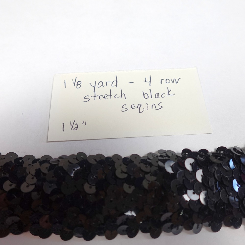 Black Stretch Sequin Trim 4 Row Elastic Ribbon 1.5 Inch Wide 1.125 Yard